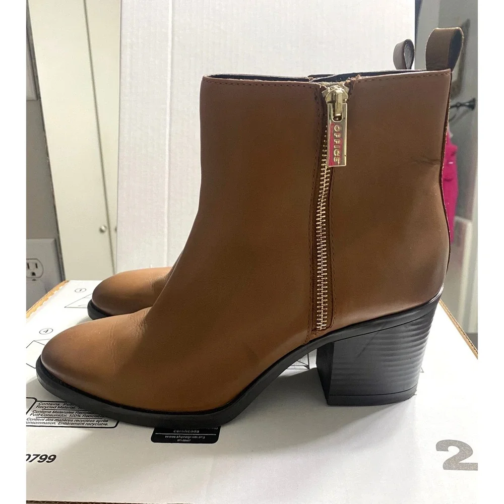 Office‎ Ankle Boots Womens 42 Brown Leather Block Heel Zip Booties PG053203